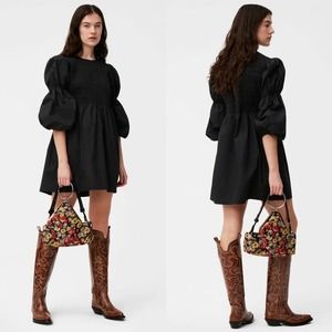 Ganni Black A-Line Puff Sleeve Mini Dress